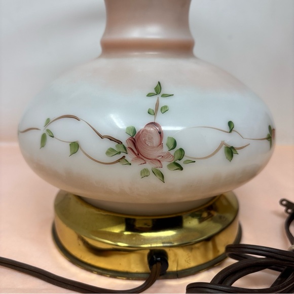 Vintage Floral White Glass Table Lamp with Pink Rose Detail • no top • works - Picture 4 of 16